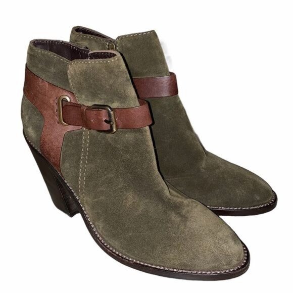 Aquatalia Womens 9.5 Olive Green Suede Heeled Booties Brown Leather Ankle Strap - Picture 2 of 11